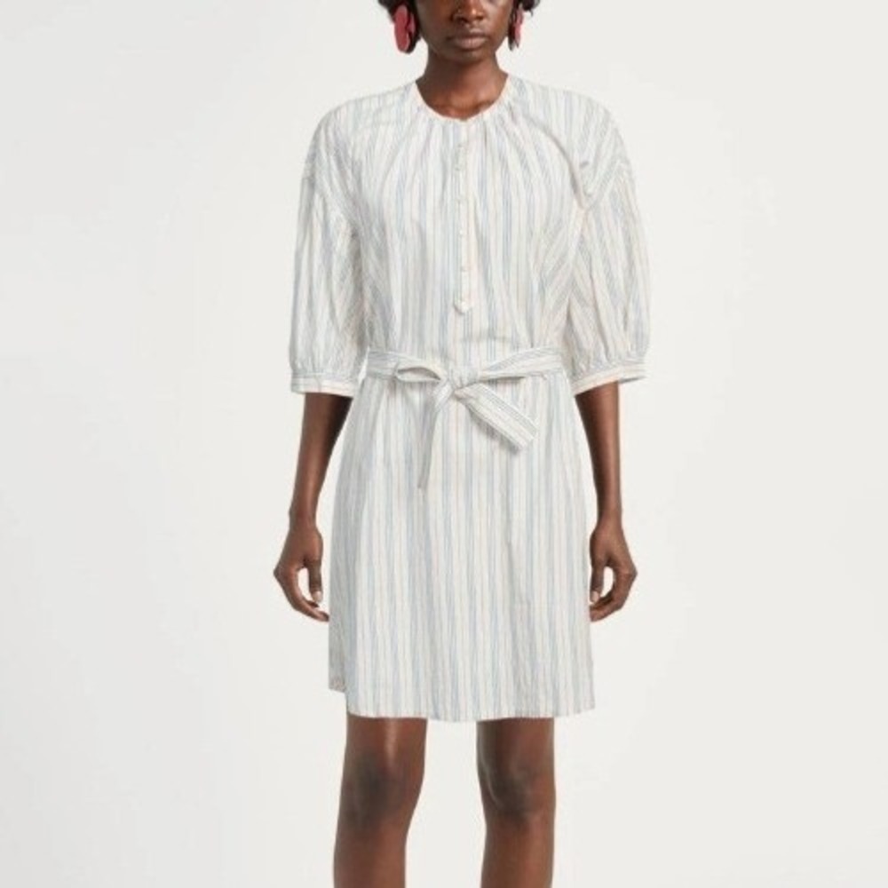 Sessun Chachami White Pin Stripe Cotton Mini Dress Women's Size M/L Lagenlook